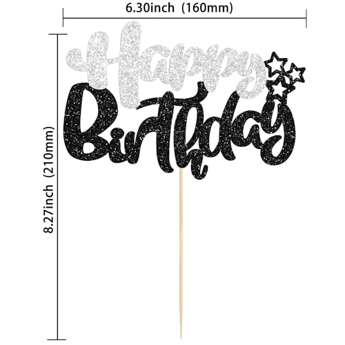 1Pcs Happy Birthday Cake Topper Glitter Cake Pick for Celebrating Anniversary Theme Party Cake Decorations Supplies Black and Silver