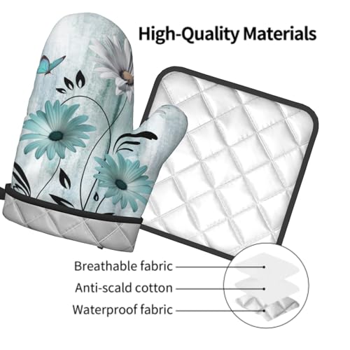 Daisy Floral Oven Mitts and Pot Holder Set of 2 Teal White Flower Heat Resistant Kitchen Mitts Potholders Washable for Cooking Grilling BBQ