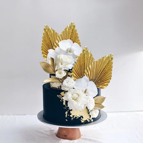 6Pcs Paper Palm Fan Cake Toppers Palm Spear Leaves Fan Cupcake Toppers Cake Insert Decorations Craft DIY Cake Bakeware Decoration for Birthday Party Wedding Party Decor Supplies Light Gold (6 Count)