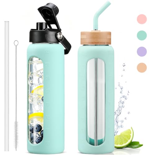 32oz Glass Water Bottle with Straw and 2 Lids