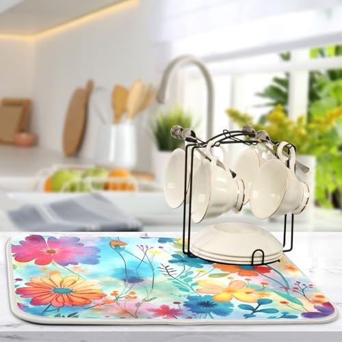 Colorful Flowers Blue Dish Drying Mat for Kitchen Counter Absorbent Microfiber Drying Pad