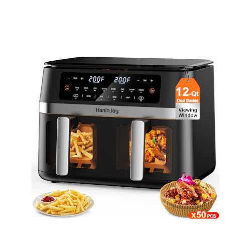 12QT 12-in-1 Large Dual Basket Air Fryer with 50pcs Paper Liners