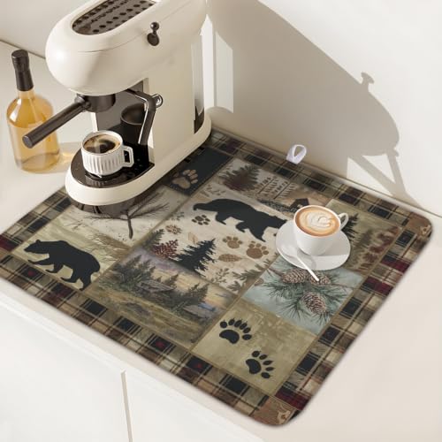 Black Bear Dish Drying Mat Forest Cabin Decorative Dishes Pad 16x18 Inch Absorbent Fast Dry Dish Drainer Rack Mats for Kitchen Counter Sink