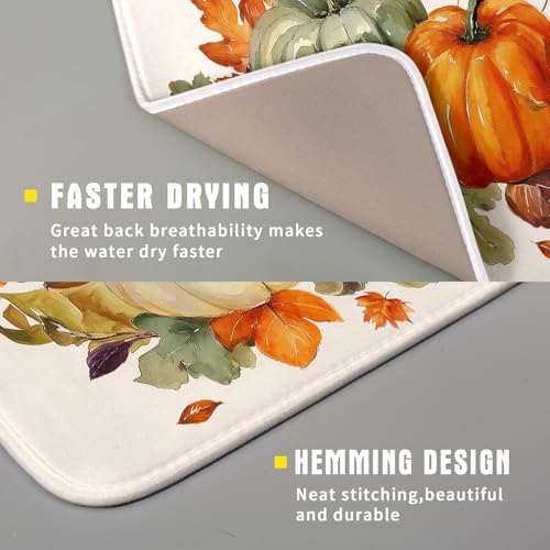 Fall Pumpkin Dish Drying Mat Autumn Leaves Absorbent Dishes Pad 16x18 Inch Seasonal Microfiber Dish Drainer Rack Mat for Kitchen Countertop