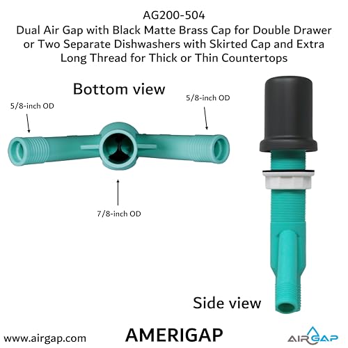 Dual Air Gap with Black Matte Brass Cap for Double Drawer or Two Separate Dishwashers with Skirted Cap and Extra Long Thread for Thick or Thin Countertops