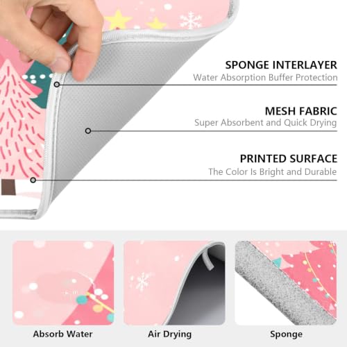 Christmas Tree Pink Dish Drying Mat for Kitchen Counter Absorbent Microfiber Small Drying Pad Winter White Snowflake Xmas Dish Mats for Kitchen Countertops 16 x 18 Inch