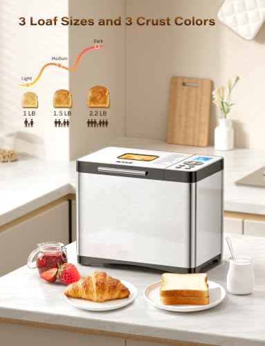 19-in-1 Programmable Bread Maker, 2.2LB Bread Machine with Healthy Ceramic Pan, Stainless Steel Bread Maker Machine with 15H Timer& 1H Keep Warm, Sourdough, Gluten Free, 3 Crust Colors, 53 Recipes