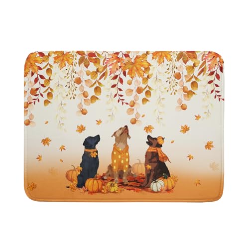 Fall Dogs Dish Drying Mat Autumn Leaves Reusable Dishes Pad 18"x24" Holiday Microfiber Quick Dry Dish Drainer Rack Mat for Kitchen Counter