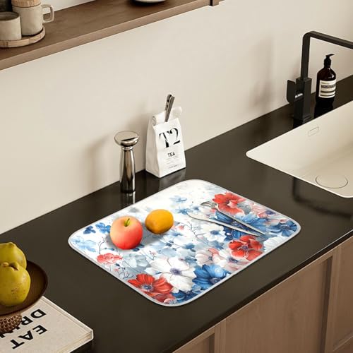4th of July Patriotic Blue Red White Flowers Dish Drying Mat for Kitchen Ccounter Absorbent Microfiber Small Independence Day Drying Pad Dish Mats for Kitchen Countertops 16 x 18 Inch