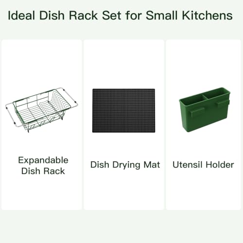 Green Expandable Dish Drying Rack Over Sink with Extra Drainboard