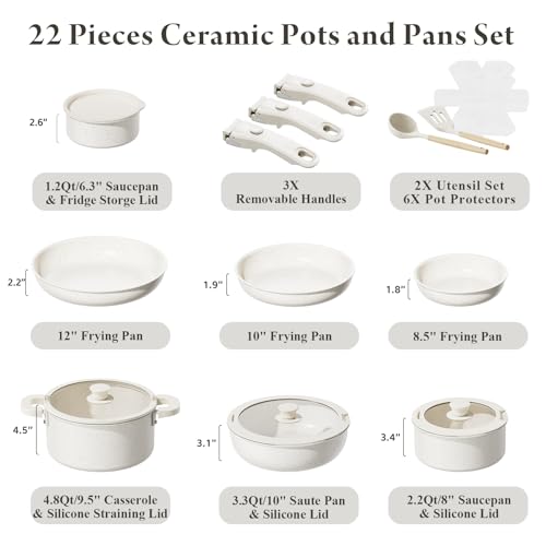 22 Piece Pots and Pans Set Non Stick with Removable Handles