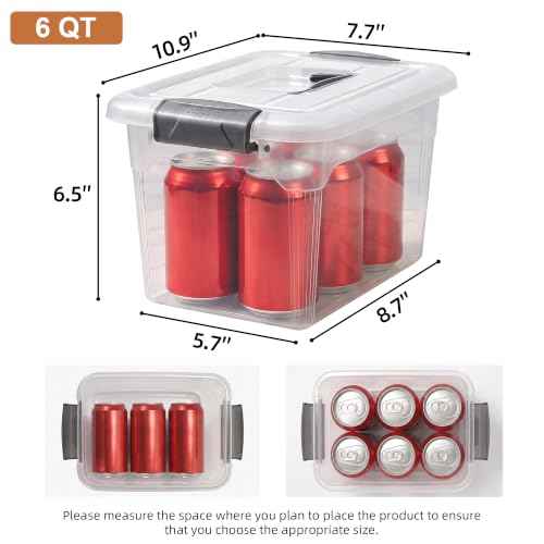 6 Packs 6 QT Storage Bins with Lids Clear Plastic Bins with Grey Handle Stackable Storage Containers for Organizing (6 Count)