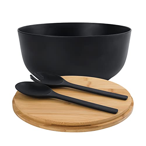 Bamboo Fiber Salad Bowl with Servers Set Large 9.8 inches Nature Bamboo Mixing Bowl with Servers with Lid Spoon and Fork for Fruits