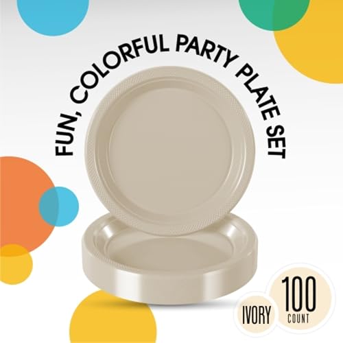 Exquisite Party Solids Sturdy Ivory Plastic Plates 9" Party Plates 100 Pcs (100 Count)