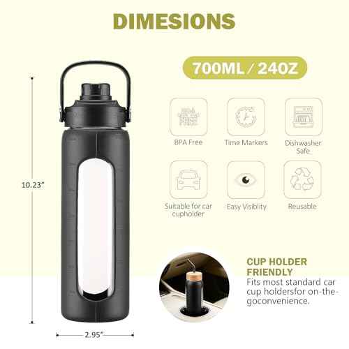 24 oz Glass Water Bottle with Straw and 2 Lids