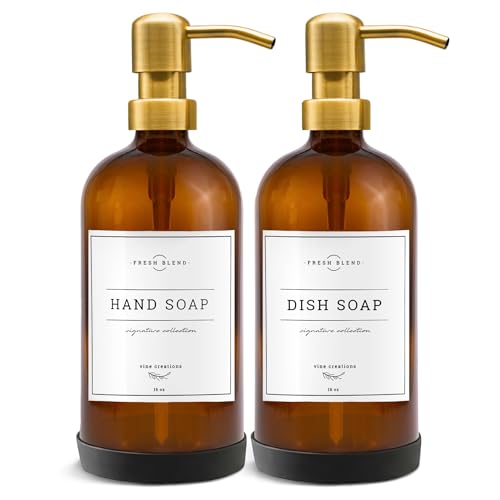 Amber Glass Soap Dispenser Set (16 Ounce)