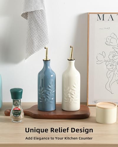 Sweejar Ceramic Olive Oil Dispenser Bottle 20 Oz Relief Opaque Oil Cruet Protects To Reduce Oxidation Suitable for Storage Vinegar