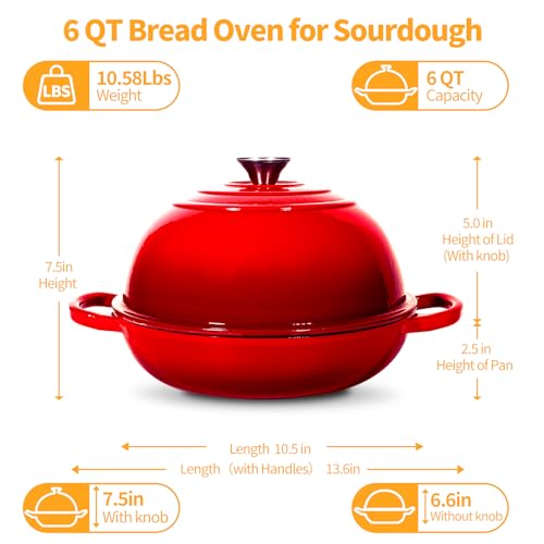 6QT Enameled Cast Red Iron Dutch Oven For Sourdough Bread Baking