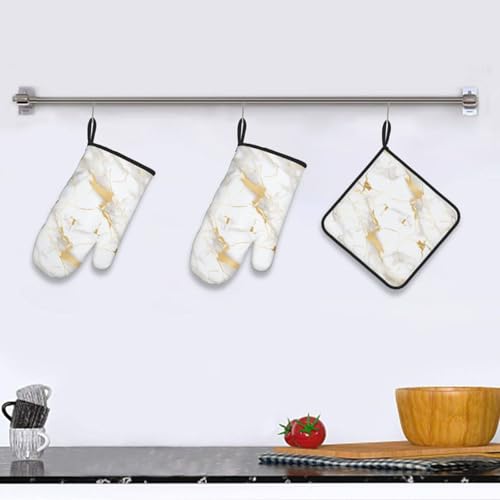 White Gold Marble Oven Mitts and Pot Holders Sets of 3 Heat Resistant Oven Gloves Hot Pads Non (4.33 Count)