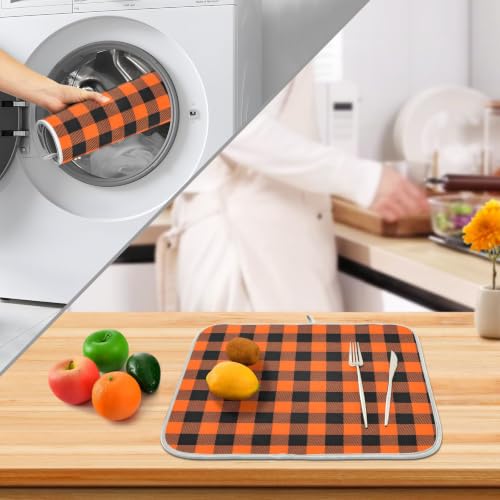 Halloween Dish Drying Mat for Kitchen Counter Absorbent Microfiber Small Drying Pad Black Orange Buffalo Plaid Check Dish Mats for Kitchen Countertops 16 x 18 Inch
