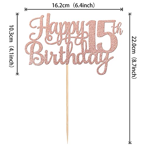 1 PCS Happy 15th Birthday Cake Topper Glitter Cheers to 15 Years Birthday Cake Pick Mis Quince 15 Fabulous Cake Decoration for Happy 15th Birthday Theme Party Decorations Supplies Rose Gold