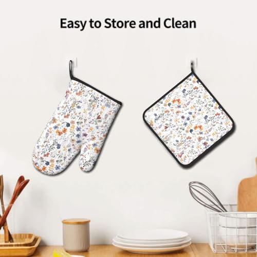 Watercolor Floral Oven Mitts and Pot Holder Kitchen Accessories Sets Botanical Leaf Heat Resistant Cooking Grilling Baking Gloves Hot Pads