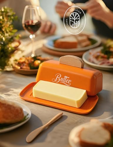 Butter Dish with Lid and Knife Butter Tray Holder for Counter Orange