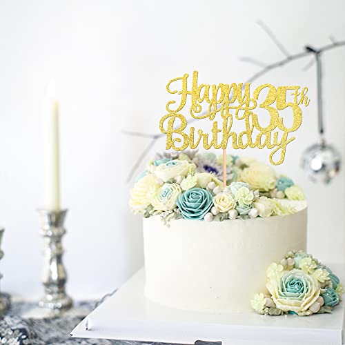 1 PCS Happy 35th Birthday Cake Topper Gold Glitter Cheers to 35 Years Birthday Cake Pick 35 Fabulous Cake Decoration for Happy 35th Birthday Theme Party Decorations Supplies