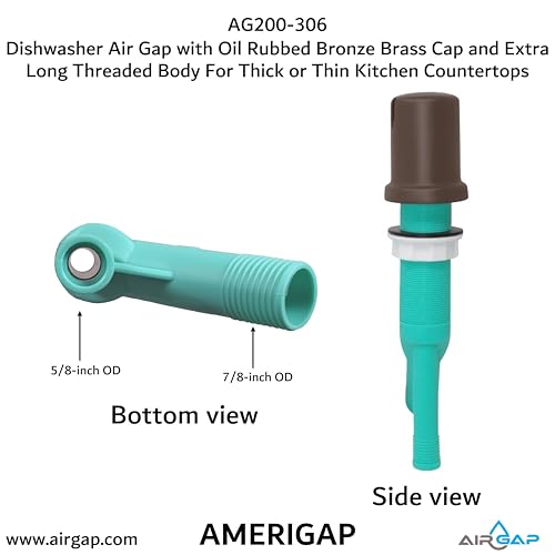 Dishwasher Air Gap with Skirted Oil Rubbed Bronze Brass Cap and Extra Long Threaded Body for Thick or Thin Kitchen Countertops