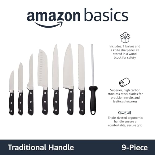 9-Piece High-Carbon Stainless Steel Kitchen Knife Set with Ergonomic Handles, Full Tang Construction, Pine Wood Block, Black (9 Count)