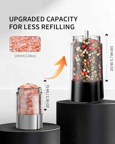 Rechargeable Gravity Electric Salt and Pepper Grinder Set Automatic Stainless Steels Salt and Pepper Mills with LED Light (2 Count)