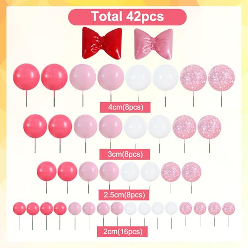 42 pcs Foam Ball Cake Toppers with Sticks Includes 2 Bow Cake Decor Perfect for Birthday Party Pink&White Theme Party Decor Wedding Anniversary Celebration (42 Count)