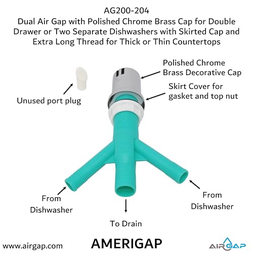 Dual Air Gap with Polished Chrome Brass Cap for Double Drawer or Two Separate Dishwashers with Skirted Cap and Extra Long Thread for Thick or Thin Countertops