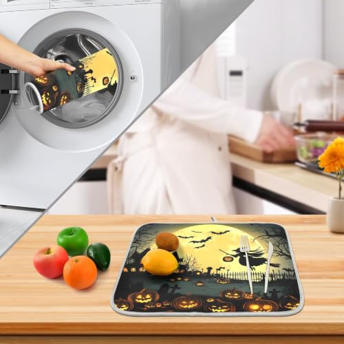 Halloween Night Pumpkins Witch Dish Drying Mat for Kitchen Counter Absorbent Microfiber Large Drying Pad Dish mats for Kitchen Countertops 18 x 24 Inch