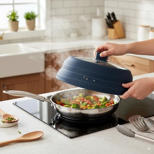 Microwave Splatter Cover Glass Microwave Cover for Food Collapsible Splatter Guard Lid with Silicone Handle for Pot Plate Bowl 11.8 Inch Blue
