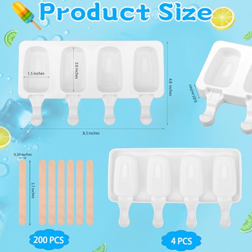 4 Set Silicone Popsicle Molds 4 Cavities Ice Cream Oval Cake Molds with 200 Sticks (4 Count)
