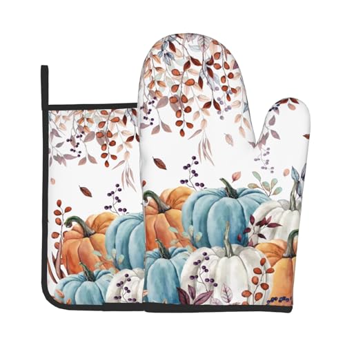 Fall Orange Pumpkin Oven Mitt Potholders Sets Eucalyptus Leaves Heat Resistant Oven Glove Set of 2 Kitchen Hot Pads for Cooking Baking BBQ