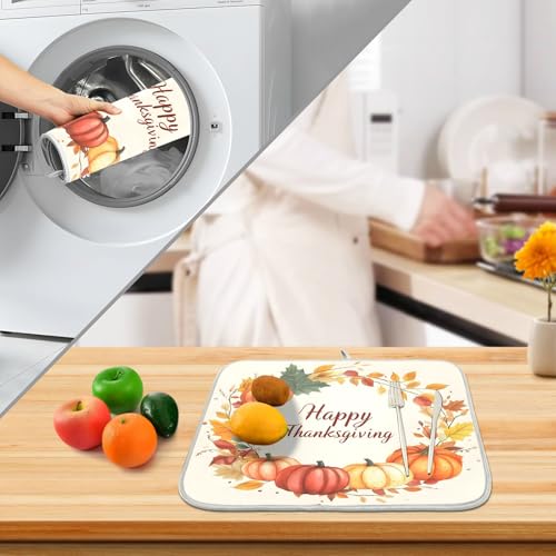 Pumpkin Happy Thanksgiving Dish Drying Mat for Kitchen Counter Absorbent Microfiber Large Drying Pad Dish mats for Kitchen Countertops 18 x 24 Inch