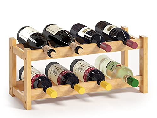 Wine Rack Freestanding 8 Bottle 2 Tier Bamboo Wine Racks Countertop Cabinet Wine Holder Wine Storage Shelf for Kitchen
