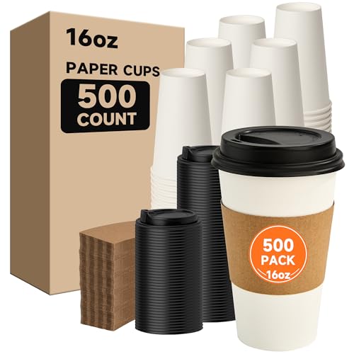 500 Pack 16 oz Disposable Coffee Cups with Lids and Sleeves (500 Count)
