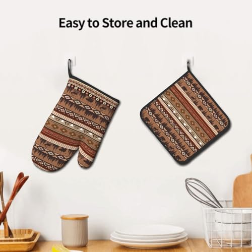 Rustic Bear Deer Oven Mitts and Pot Holder Sets Boho Ethnic Hot Pads Non