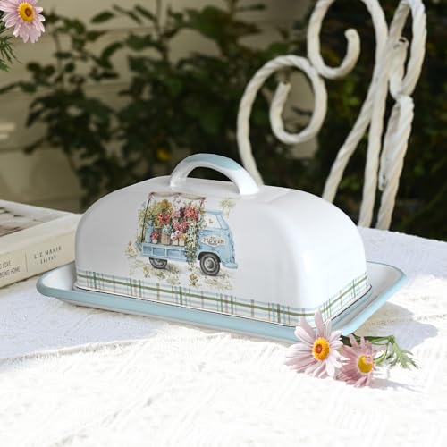 Enamel Butter Dish with Lid Vintage Enamelware Butter Keeper with Flower and Bird Patterns Farmhouse Butter Container Butter holder for Countertop Kitchen Decor
