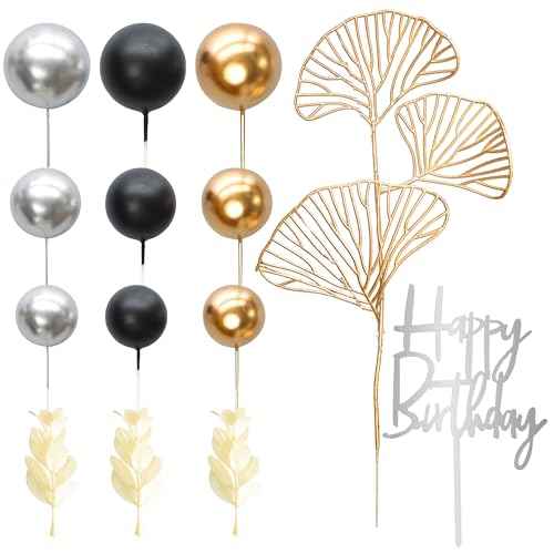 57Pcs Purple Balls Cake Topper Boho Grass Cake topper Pearl Balls Acrylic Happy Birthday Cake Decorations for Wedding Baby Shower Birthday Boho Themed Party Supplies Black Gold Silver (57 Count)