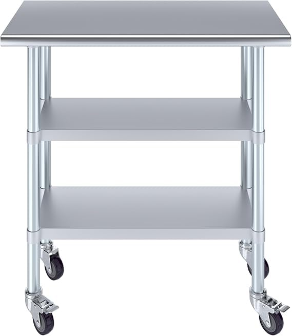 Stainless Steel Work Table with 2 Shelves and Casters