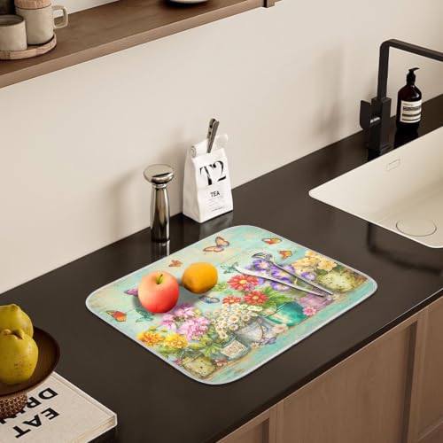 Spring Floral Butterfly Rustic Dish Drying Mat for Kitchen Counter Absorbent Microfiber Small Drying Pad Dish mats for Kitchen Countertops 16 x 18 Inch
