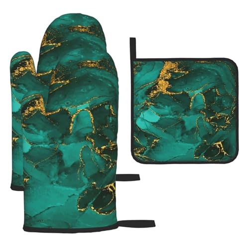 Turquoise Marble Oven Mitts and Pot Holders Sets of 3 Kitchen Decor (3 Count)
