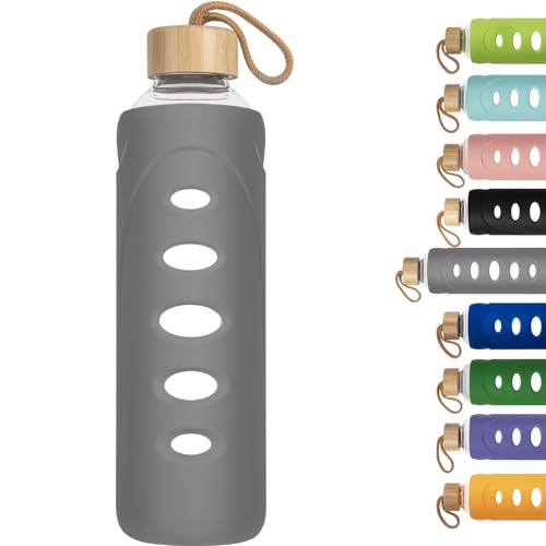 32 oz Narrow Mouth Glass Water Bottle with Windowed Silicone Sleeve
