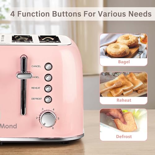 Toaster 4 Slice Retro Stainless Steel with Extra Wide Slots Bagel
