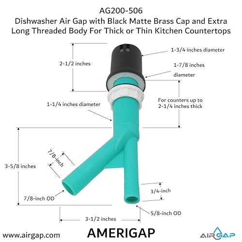 Dishwasher Air Gap with Skirted Black Matte Brass Cap and Extra Long Threaded Body for Thick or Thin Kitchen Countertops