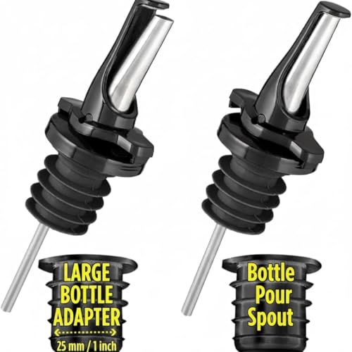 3-in-1 Liquor Pour Spout | Olive Oil Spout with Built-in Caps for Optimal Fly and Dust Protection - Dishwasher Safe, Hygienic Alcohol Speed Spouts - Black 2 PCs with 2 Adapters for Large Neck Bottles (4 Count)